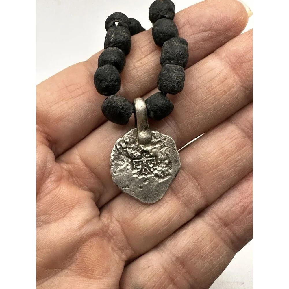Natural Java Glass Beads Necklace Sterling Silver Thunderbird Pendant Artisan